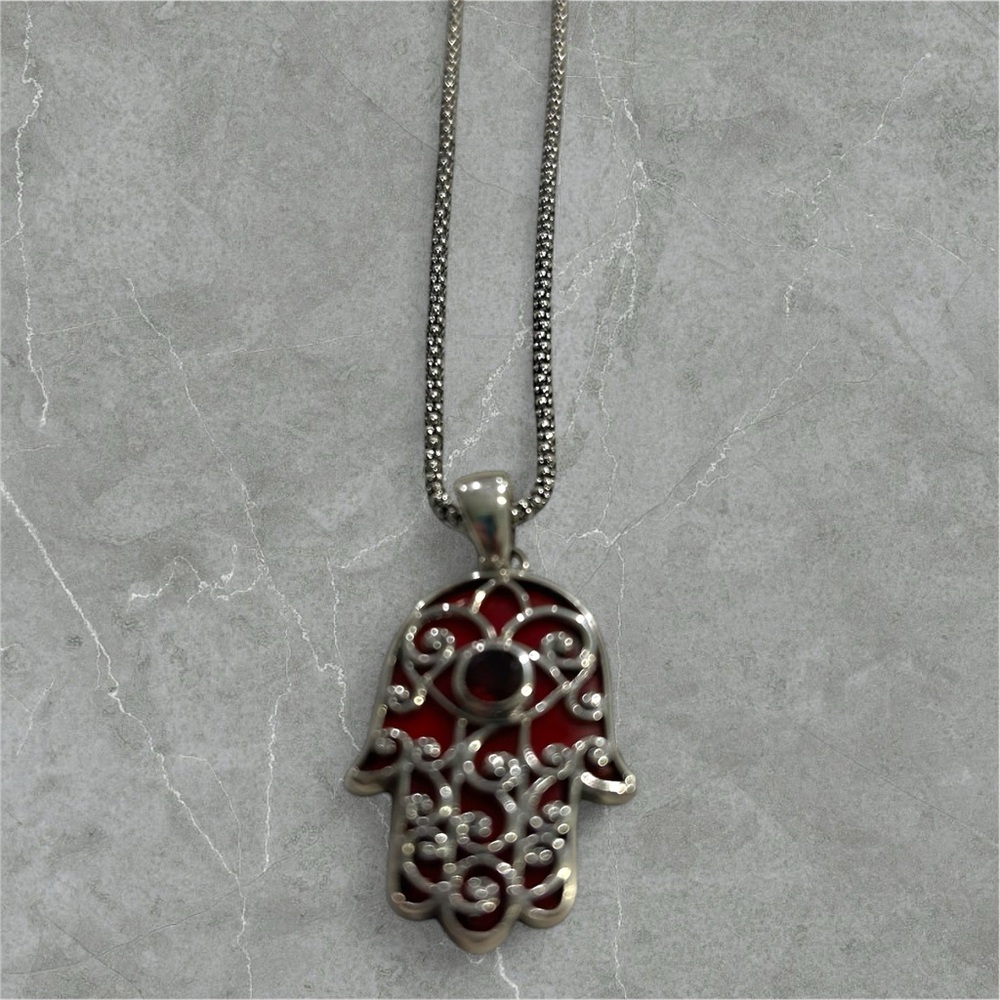 Samuel B. Silver Hamsa Pendant Necklace with Red Inlay